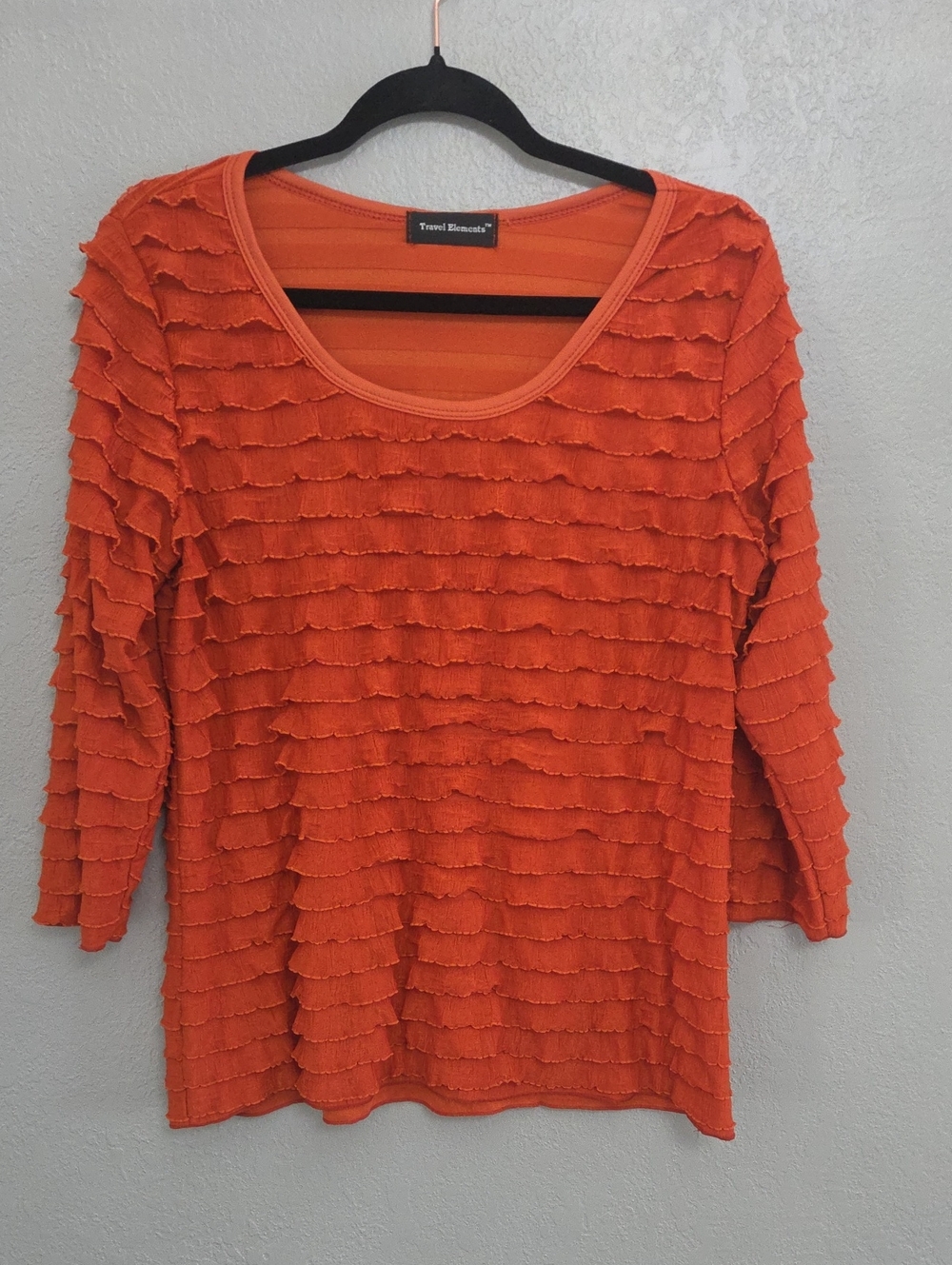 Travel Blouse Orange Ruffle Knit Long Sleeve Tee